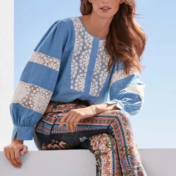 Johnny Was Tops - Johnny Was Thalassa Chambray Lace Blouse Medium Cottagecore Boho Anthropologie